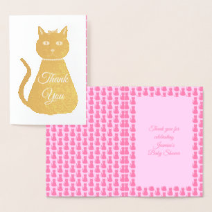 Tarjeta Con Relieve Metalizado Bonito Niña Rosa Gato Baby Shower Gracias