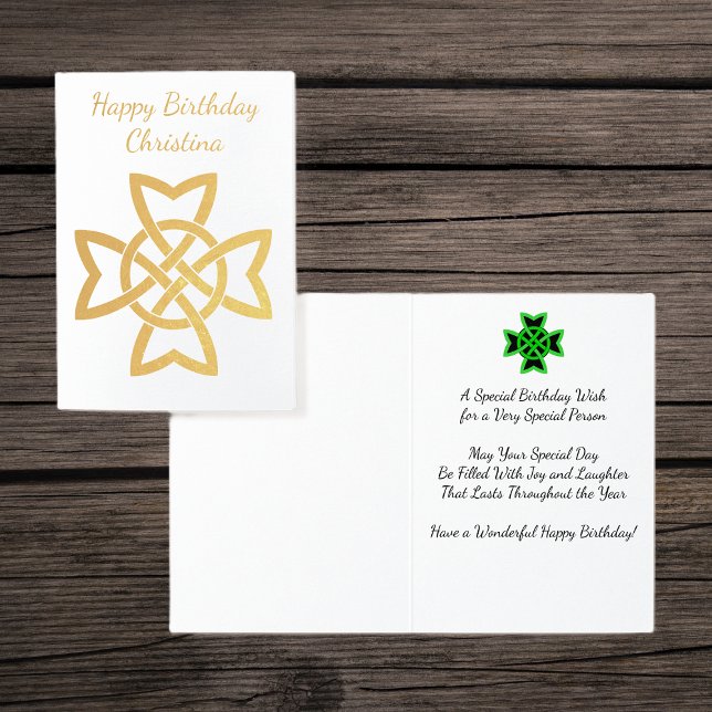 Tarjeta Con Relieve Metalizado Bonito Relieve metalizado dorado irlandés Celtic K (Gold Foil Celtic Irish knot design with green and black knot design on Happy Birthday greeting card.)