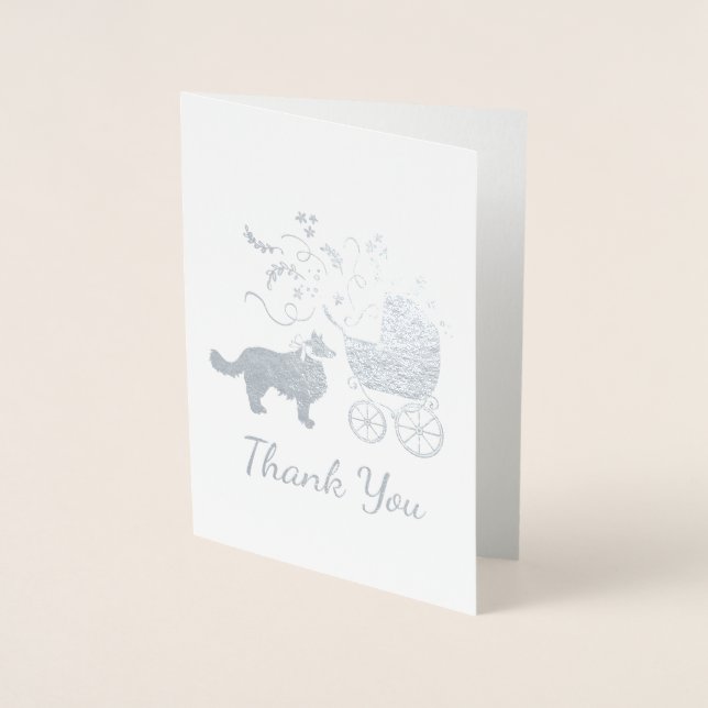 Tarjeta Con Relieve Metalizado Borde Perro Collie Baby Shower Gris porcino (Anverso)