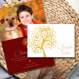 Tarjeta Con Relieve Metalizado Burgundy Rosh Hashanah Tree Life Photo Real Gold