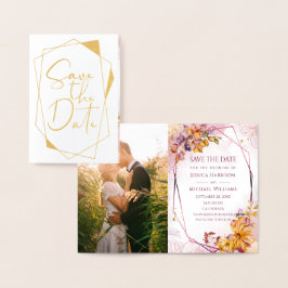 Tarjeta Con Relieve Metalizado Calligrafía Geométrica Marsala Photo Save the Date