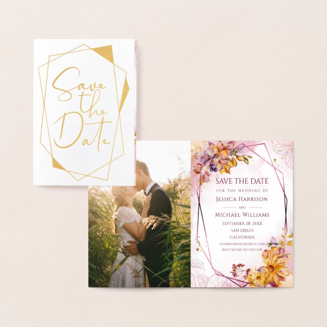 Tarjeta Con Relieve Metalizado Calligrafía Geométrica Marsala Photo Save the Date (Demostración)