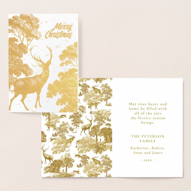 Tarjeta Con Relieve Metalizado Cereza de oro de ciervo de Navidad en Woodland (Demostración)