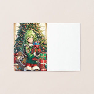 Tarjeta Con Relieve Metalizado Chica anime Navidad