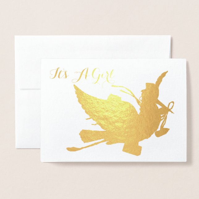 TARJETA CON RELIEVE METALIZADO CHICA GOLD STORK BABY SHOWER (Anverso con sobre)