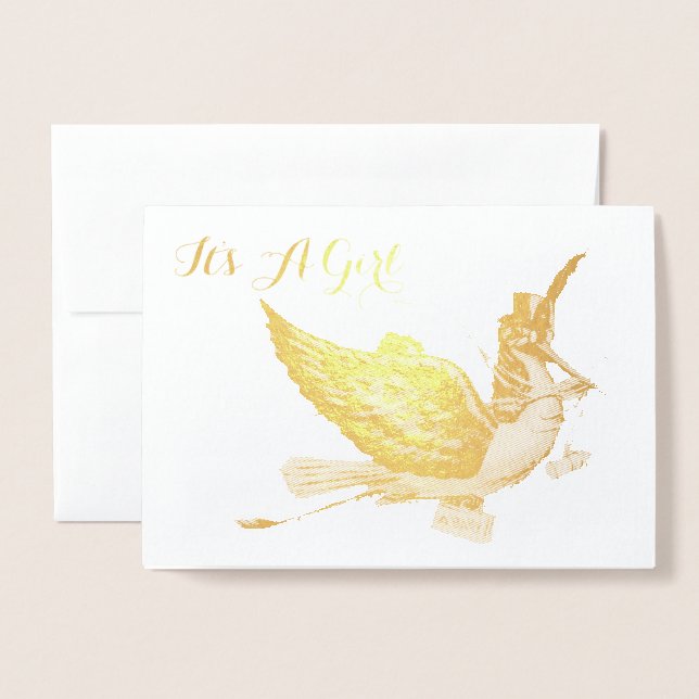 TARJETA CON RELIEVE METALIZADO CHICA GOLD STORK BABY SHOWER (Anverso con sobre)