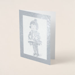 Tarjeta Con Relieve Metalizado Chica Vintage de Navidad con Campana de Vacaciones