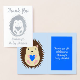 Tarjeta Con Relieve Metalizado Chico Bebé Azul Corazón Erizo Baby Shower