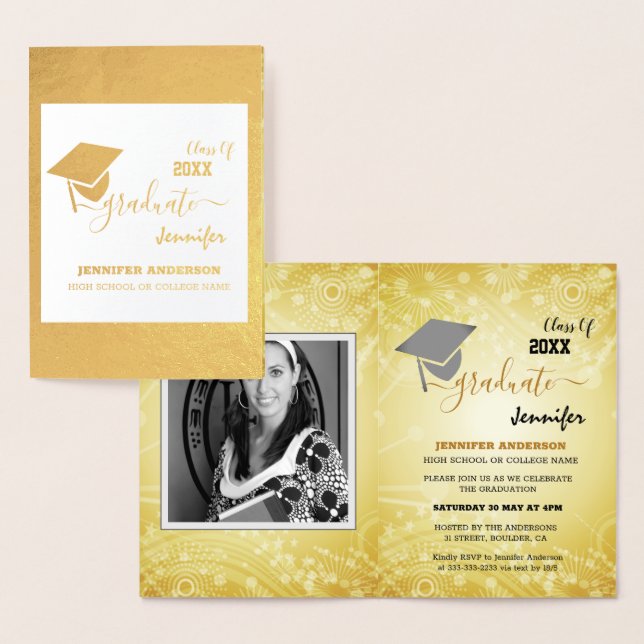 Tarjeta Con Relieve Metalizado Clase elegante de 20XX, Foto, graduación de topper (Demostración)