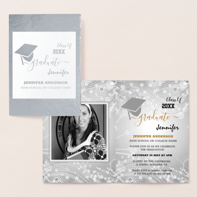 Tarjeta Con Relieve Metalizado Clase elegante de 20XX, Foto, graduación de topper (Demostración)