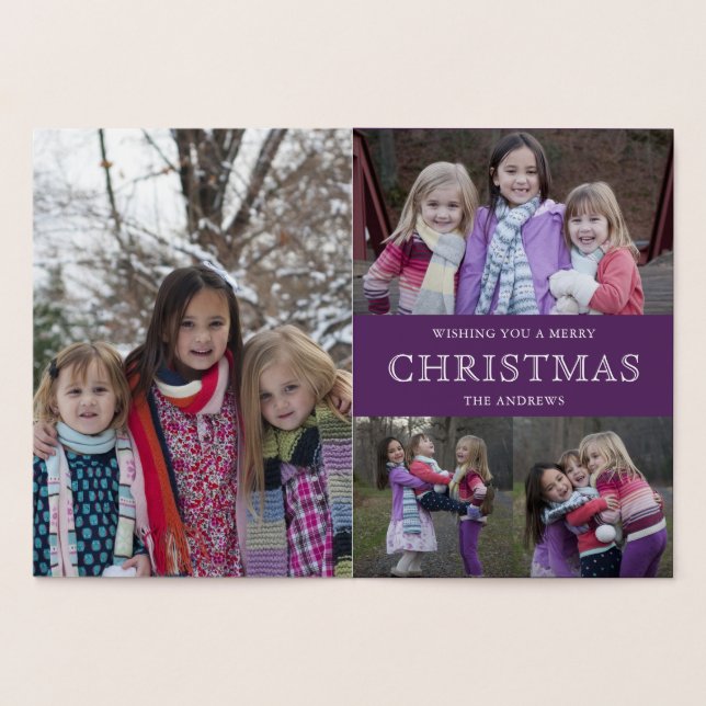 Tarjeta Con Relieve Metalizado Collage de fotos de Navidades de invierno morado (Interior)