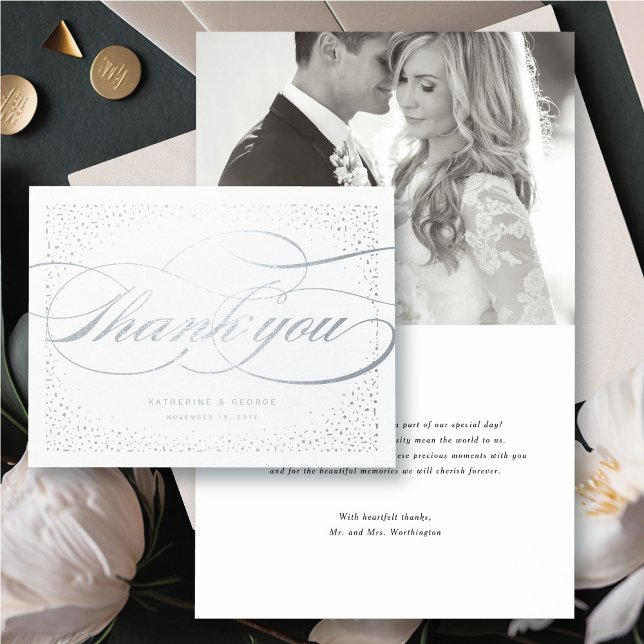 Tarjeta Con Relieve Metalizado Confetti Dots Classic Script Boda Gracias (Confetti Dots And Elegant Classic Script Wedding Thank You Foil Card @ fatfatin_blue_knot)