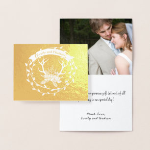 Tarjeta Con Relieve Metalizado Corona de Cuernos de Boda Agradecimiento Foto Hoja