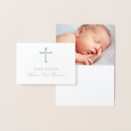 Tarjeta Con Relieve Metalizado Cruz de Plata Dios Bendiga al Niño Bautizo Niño