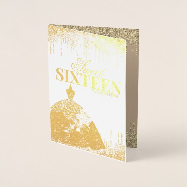 Tarjeta Con Relieve Metalizado Cumpleaños 16 Dulce Oro Glamour Brillo Destellos (Anverso)