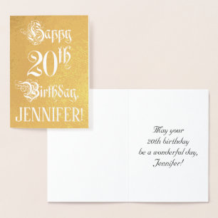 Tarjeta Con Relieve Metalizado Cumpleaños 20: Elegante, Ornate Script; Nombre per