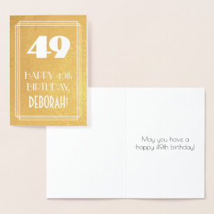 Tarjeta Con Relieve Metalizado Cumpleaños 49 ~ Estilo Art Deco "49" y Nombre Pers
