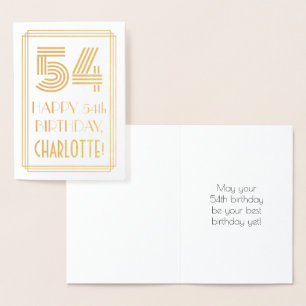 Tarjeta Con Relieve Metalizado Cumpleaños 54 - Look Inspirado en Art Deco "54" y
