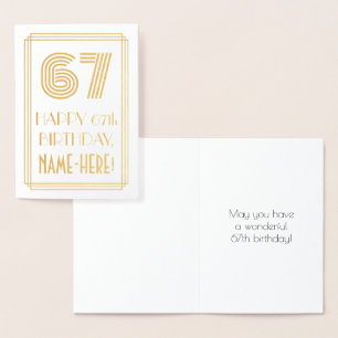 Tarjeta Con Relieve Metalizado Cumpleaños 67 - Aspecto inspirado en Art Déco "67"