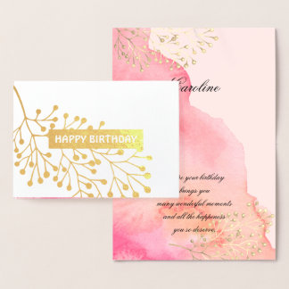 Tarjeta Con Relieve Metalizado Cumpleaños. Acuarela Rosa Botánica