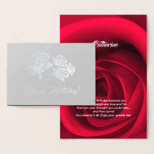 Tarjeta Con Relieve Metalizado Cumpleaños. Elegante Rojo Rose Luxury
