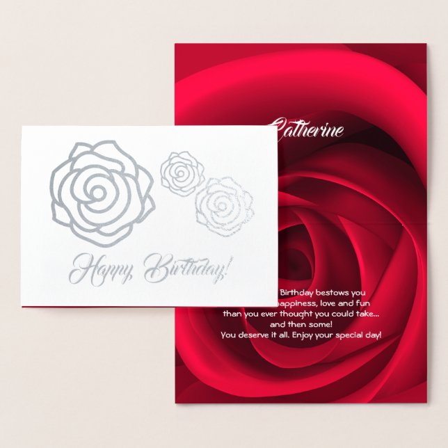 Tarjeta Con Relieve Metalizado Cumpleaños. Elegante Rojo Rose Luxury (Demostración)