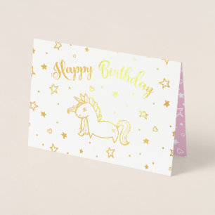 Tarjeta Con Relieve Metalizado Cumpleaños Feliz de bonito Unicornio Gold y Pink