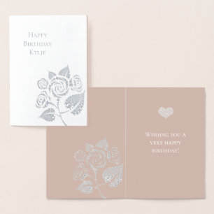 Tarjeta Con Relieve Metalizado Cumpleaños Floral Rosa Diamantes Glam Cream