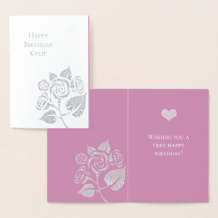 Tarjeta Con Relieve Metalizado Cumpleaños Floral Rosa Diamantes Glamour Rosa