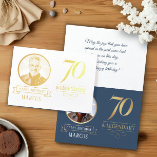 Tarjeta Con Relieve Metalizado Cumpleaños legendario y elegante de 70 años en azu