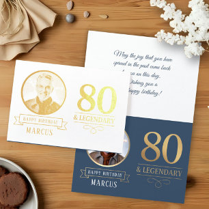 Tarjeta Con Relieve Metalizado Cumpleaños legendario y elegante número 80 en azul