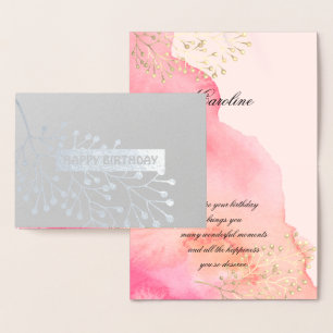 Tarjeta Con Relieve Metalizado Cumpleaños. Rosa botánico   Acuarela De Peach