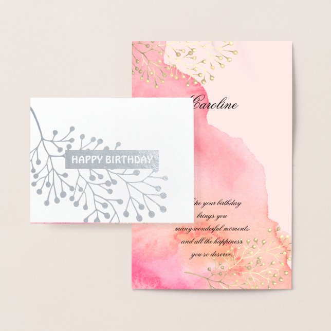 Tarjeta Con Relieve Metalizado Cumpleaños. Rosa botánico | Acuarela De Peach (Demostración)