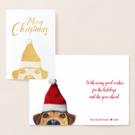 Tarjeta Con Relieve Metalizado Curioso perro gracioso con Santa Hat