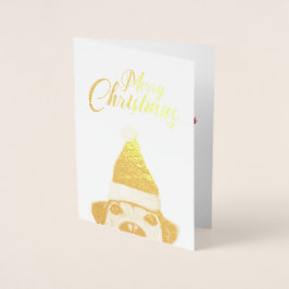 Tarjeta Con Relieve Metalizado Curioso perro gracioso con Santa Hat