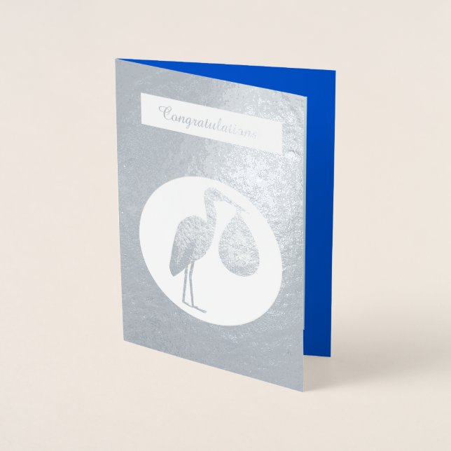 Tarjeta Con Relieve Metalizado Cute Blue Baby Boy Stork (Anverso)