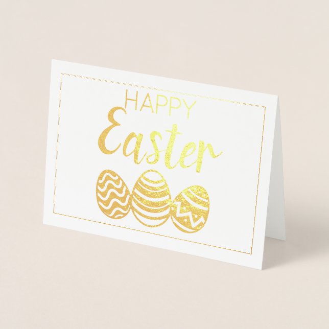 Tarjeta Con Relieve Metalizado Cute Happy Easter Eggs Simple White Gold (Anverso)