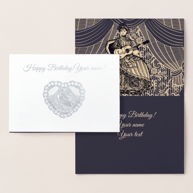 Tarjeta Con Relieve Metalizado Dama con guitarra (Demostración)