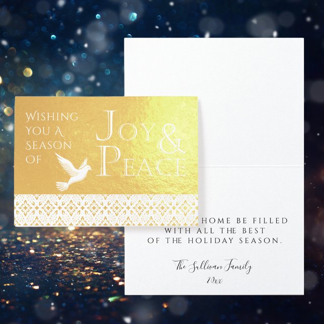 Tarjeta Con Relieve Metalizado Deseándote una temporada de alegría y Relieve meta (Wishing You a Season of Joy and Peace Gold Foil Folded Card with Personalizable Inside Message)
