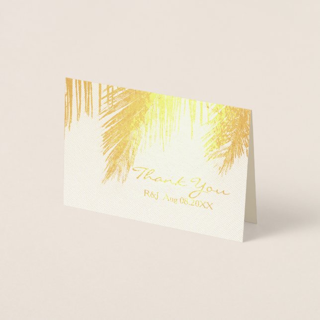 Tarjeta Con Relieve Metalizado destino tropical de palmeras Bodas Gracias (Anverso)