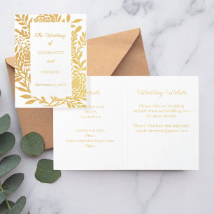 Tarjeta Con Relieve Metalizado Detalles de sitio web botánico de oro de boda de l