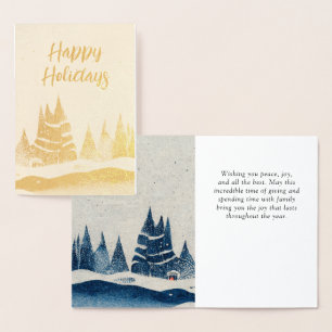 Tarjeta Con Relieve Metalizado Dibujo de paisaje invernal bosque azul marino
