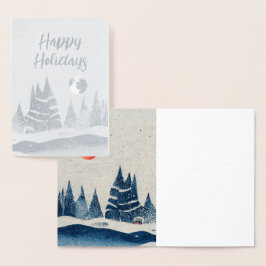 Tarjeta Con Relieve Metalizado Dibujo de paisaje invernal bosque luna azul marino