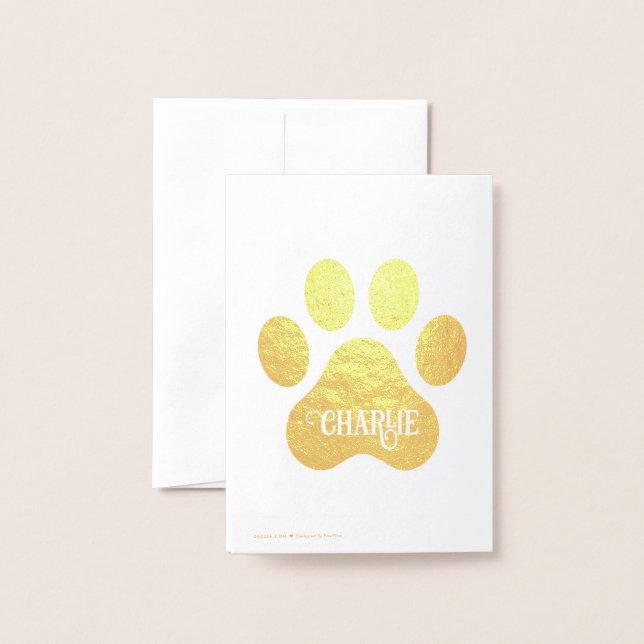 Tarjeta Con Relieve Metalizado Diseño de silueta de nombre de pata de perro (Reverso con sobre)