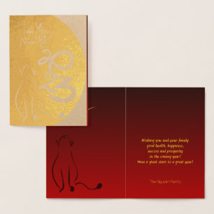 Tarjeta Con Relieve Metalizado Diseño original de la pintura del gato Año nuevo v