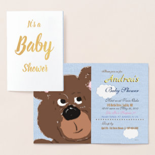 Tarjeta Con Relieve Metalizado Ducha de bebé Teddy Bear Powder Blue