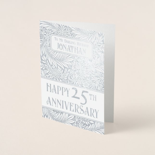 Tarjeta Con Relieve Metalizado El 25° aniversario Boda de plata botánico Real (Anverso)