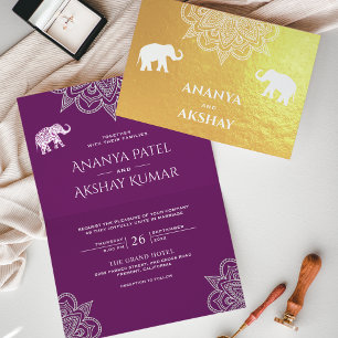 Tarjeta Con Relieve Metalizado Elefante de henna púrpura Boda india dorada