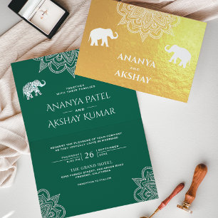 Tarjeta Con Relieve Metalizado Elefante de Henna Verde Boda India Oro
