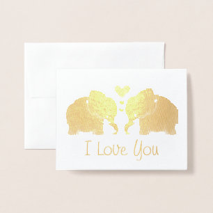 Tarjeta Con Relieve Metalizado Elefante dorado par con corazones que te amo